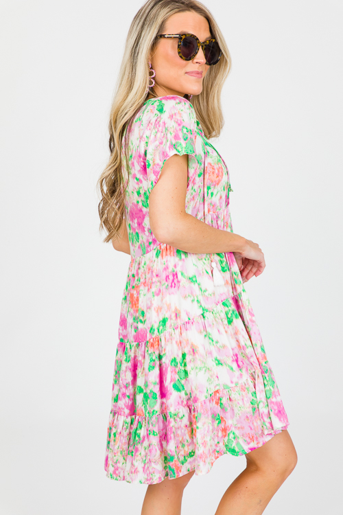 Tassel Tie Dress, Cream Pink Green