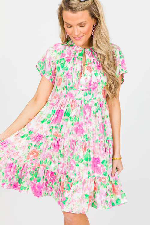 Tassel Tie Dress, Cream Pink Green