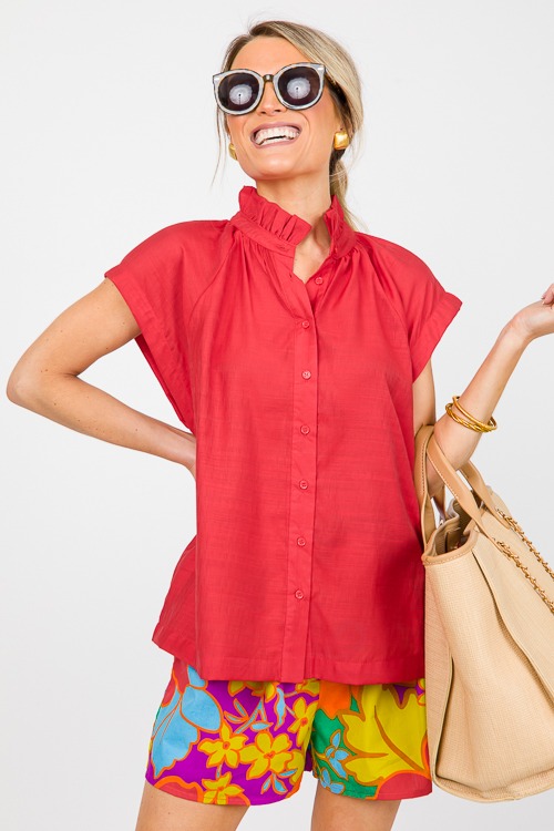 Ruffle Button Top, Cherry Red