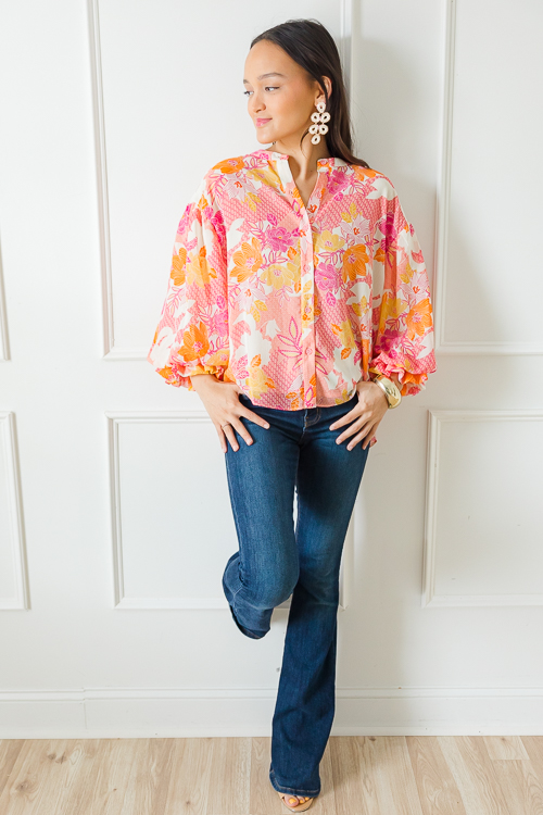 Floral Button Up Blouse, Magenta