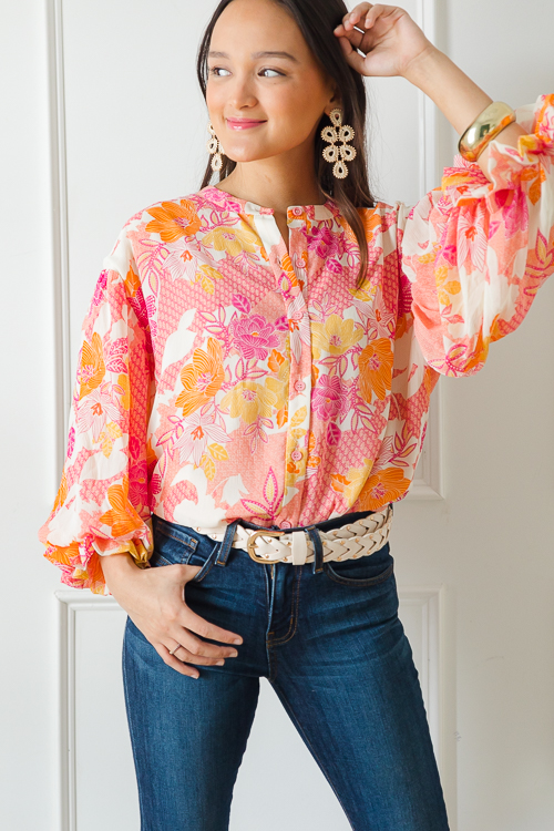 Floral Button Up Blouse, Magenta