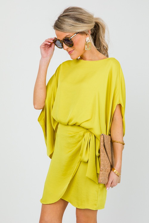 Satin Wrap Front Dress, Chartreuse