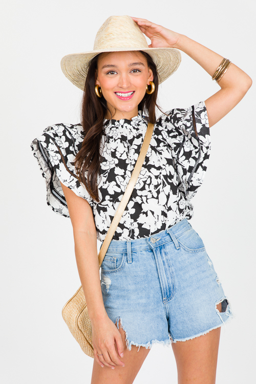 Floral Flutter Sleeve Top, Black