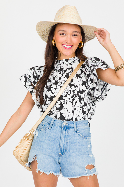 Floral Flutter Sleeve Top, Black