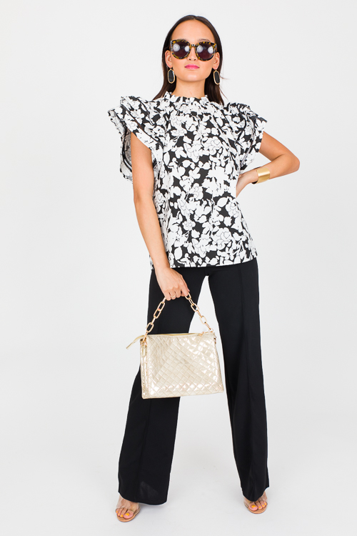 Floral Flutter Sleeve Top, Black