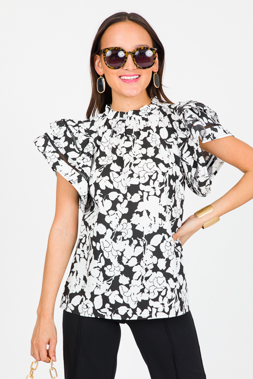 Floral Flutter Sleeve Top, Black - New Arrivals - The Blue Door Boutique