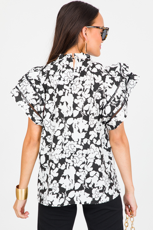 Floral Flutter Sleeve Top, Black - New Arrivals - The Blue Door Boutique