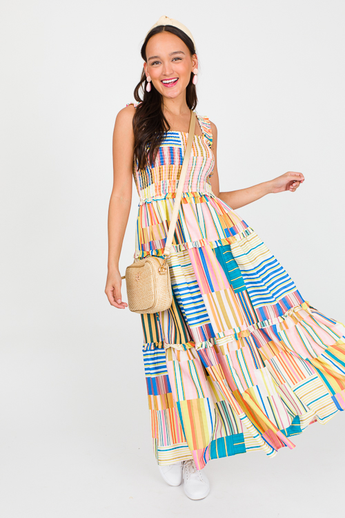 Patchwork Stripe Smock Midi, Multi