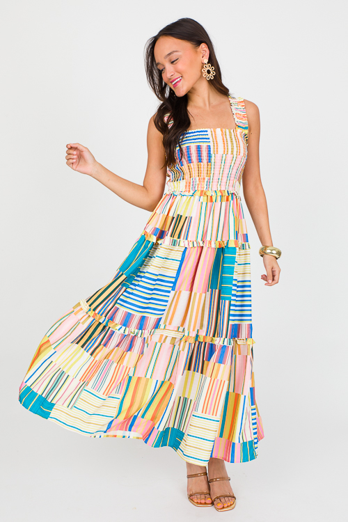 Patchwork Stripe Smock Midi, Multi