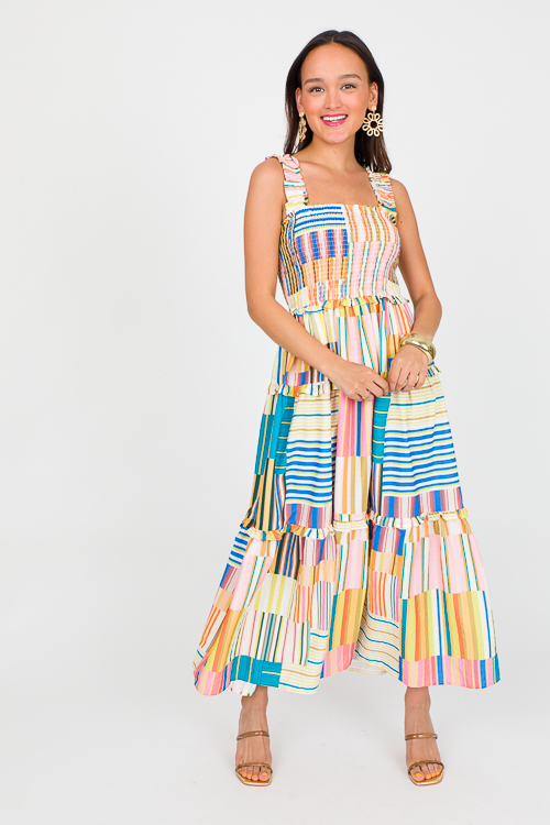 Patchwork Stripe Smock Midi, Multi