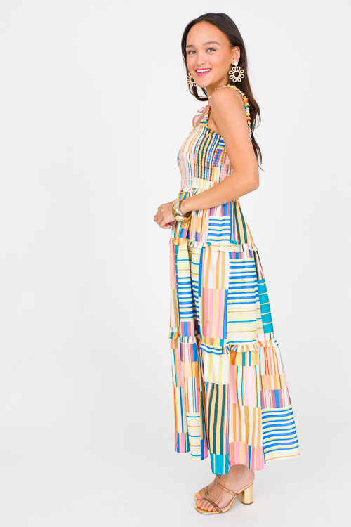 Patchwork Stripe Smock Midi, Multi