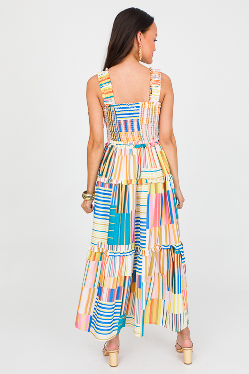 Patchwork Stripe Smock Midi, Multi