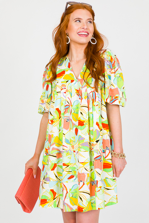 Multi Floral Linen Dress, Lime