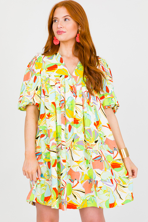 Multi Floral Linen Dress, Lime