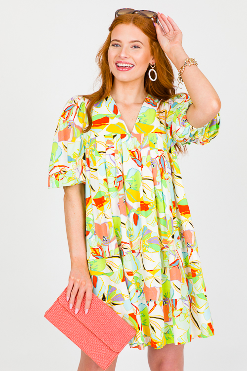 Multi Floral Linen Dress, Lime