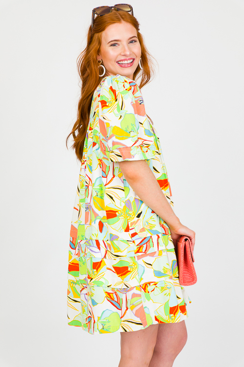 Multi Floral Linen Dress, Lime