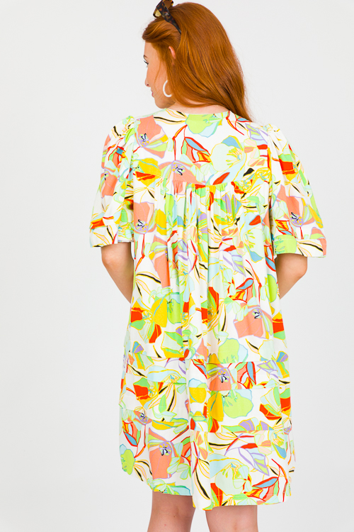 Multi Floral Linen Dress, Lime