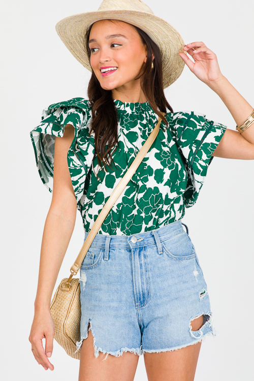 Floral Flutter Sleeve Top, Kelly Green