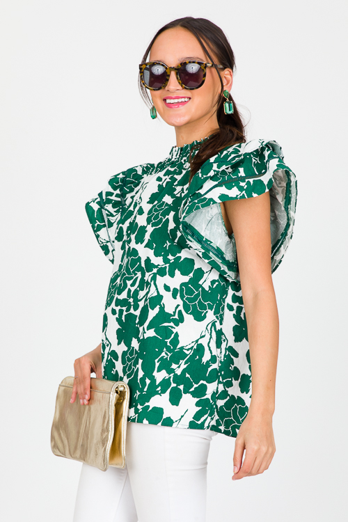 Floral Flutter Sleeve Top, Kelly Green