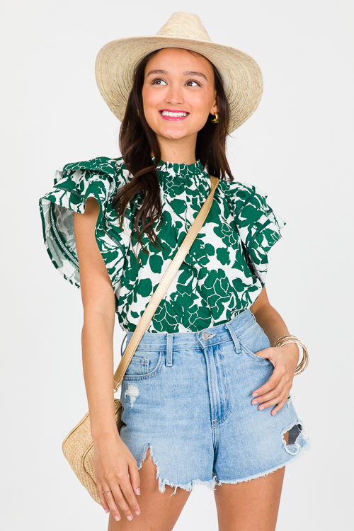 Floral Flutter Sleeve Top, Kelly Green