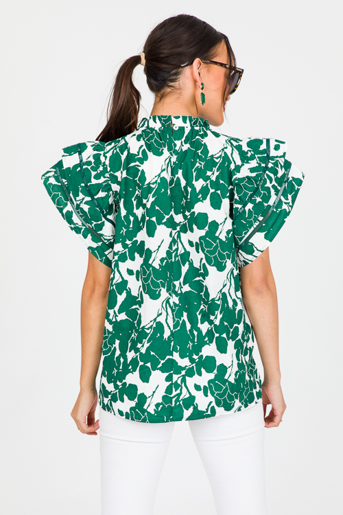 Floral Flutter Sleeve Top, Kelly Green