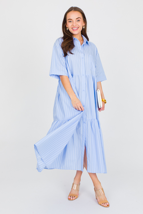 Tiered Stripe Shirt Dress, Blue