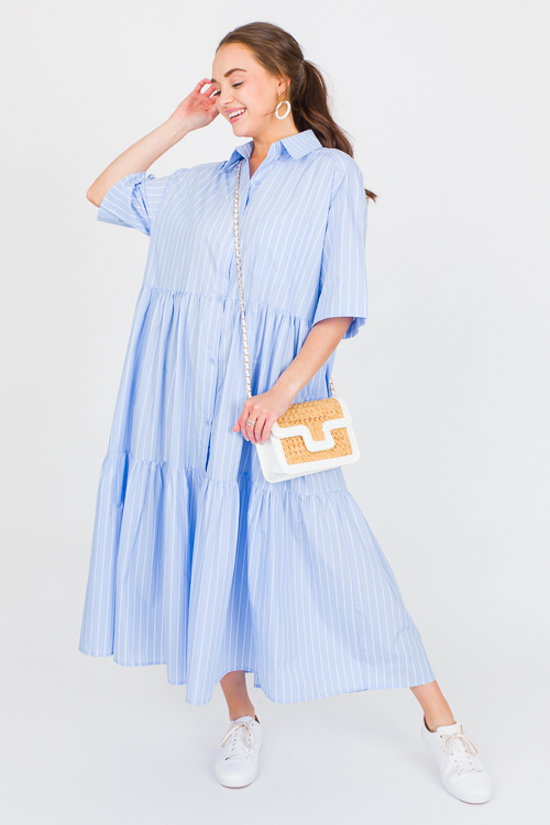 Tiered Stripe Shirt Dress, Blue