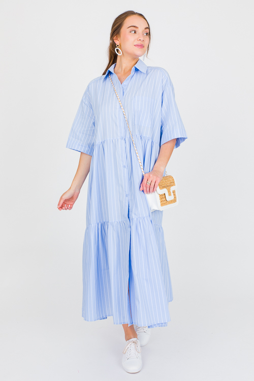 Tiered Stripe Shirt Dress, Blue
