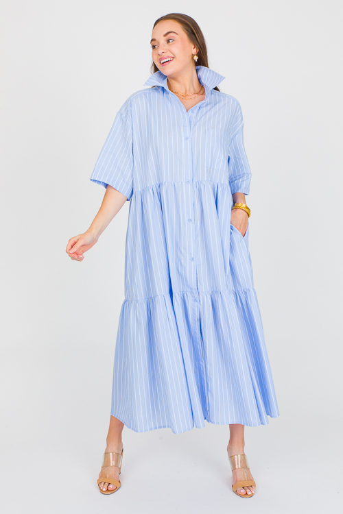 Tiered Stripe Shirt Dress, Blue