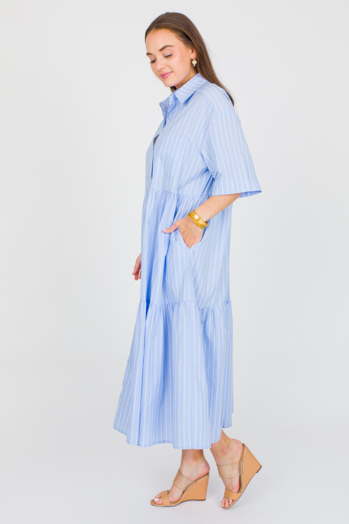 Tiered Stripe Shirt Dress, Blue - New Arrivals - The Blue Door Boutique