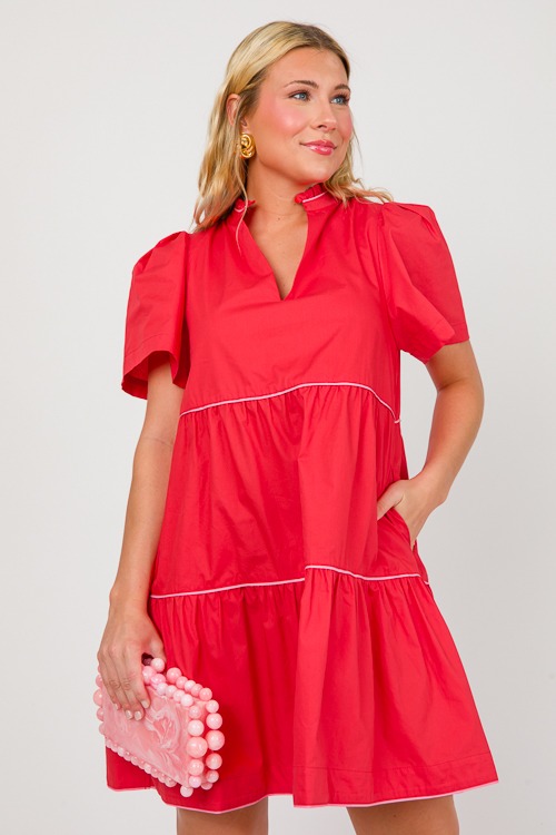 Pink Trim Tiered Dress, Red