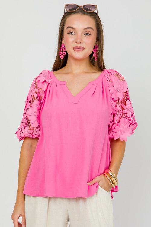 Lace Sleeve Linen Top, Bubble Pink