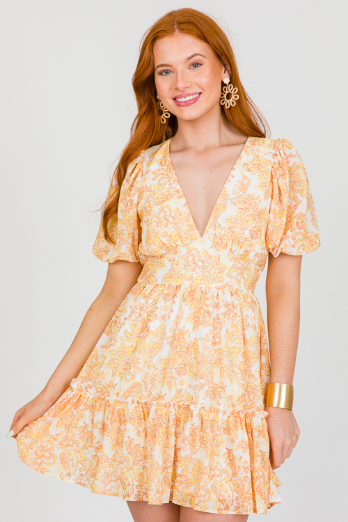 Penny Printed Dress, Ivory Yellow