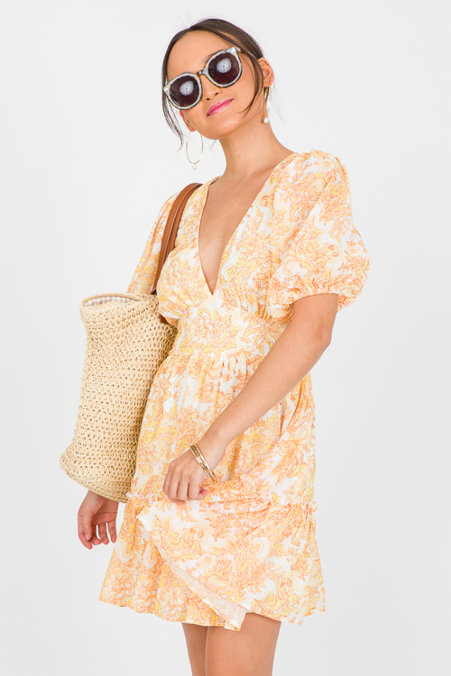 Penny Printed Dress, Ivory Yellow