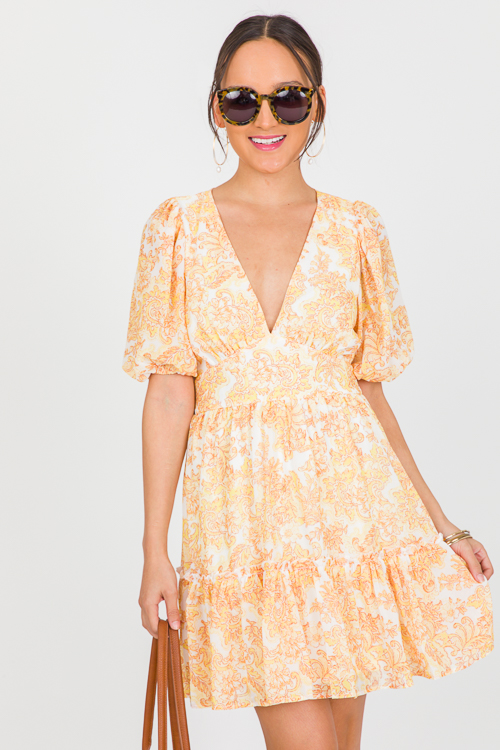 Penny Printed Dress, Ivory Yellow