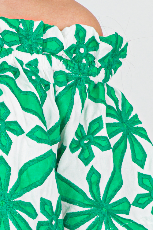 Embroidery Off Shoulder Top, Green
