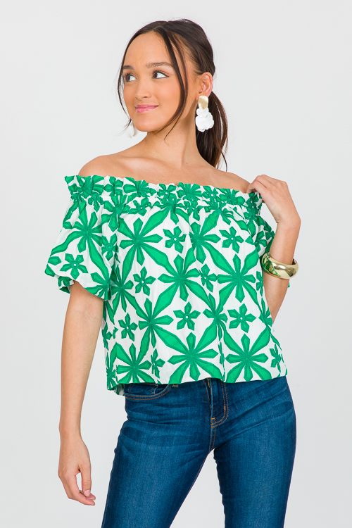 Embroidery Off Shoulder Top, Green
