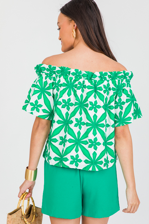 Embroidery Off Shoulder Top, Green