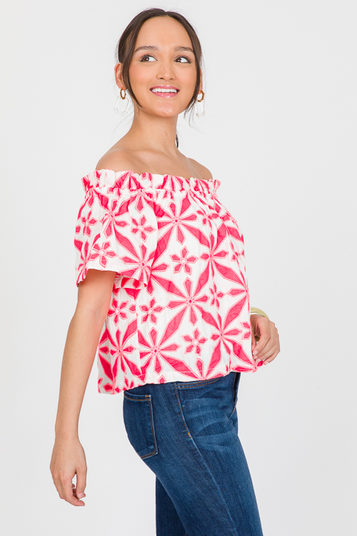 Embroidery Off Shoulder Top, Pink
