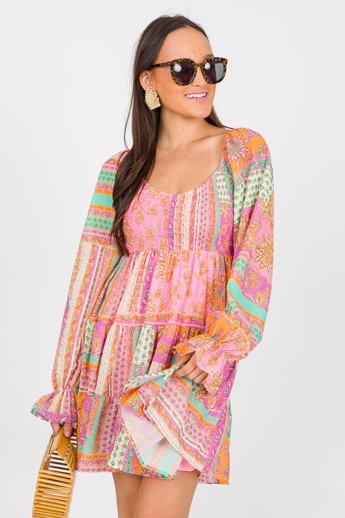 Patchwork Mini Dress, Pink Turq