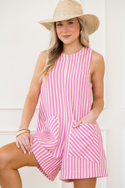 Textured Stripes Romper, Bubble Pink