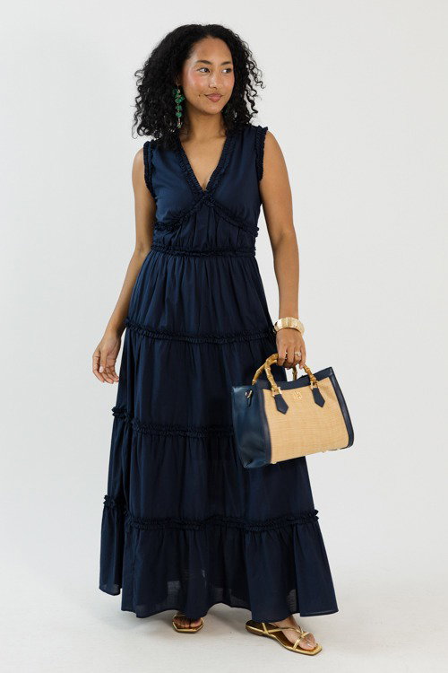 chinese dress ladies Navy Blue Tiered Ruffle Long Ball Gown with Straps – Ohmollydress main image 1