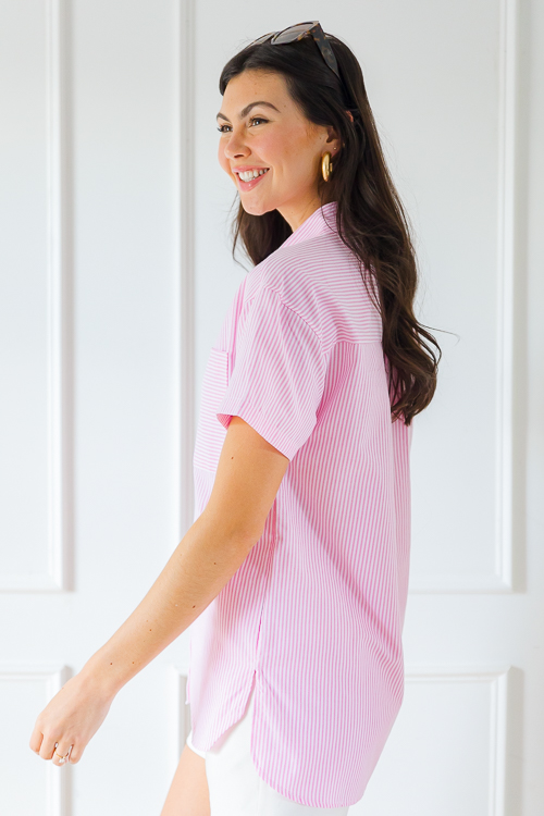 Short Sleeve Pinstripe Shirt, Pink