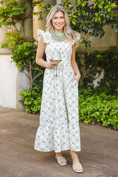 Floral Lattice Smock Midi, Green
