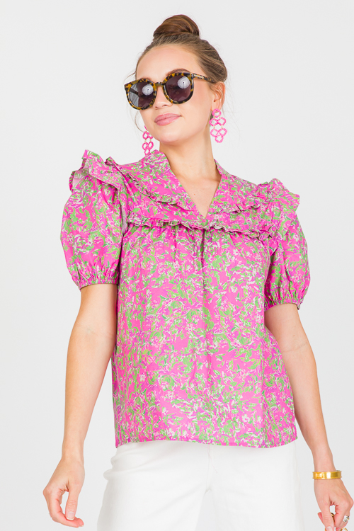 Notch Neck Ruffle Top, Hot Pink