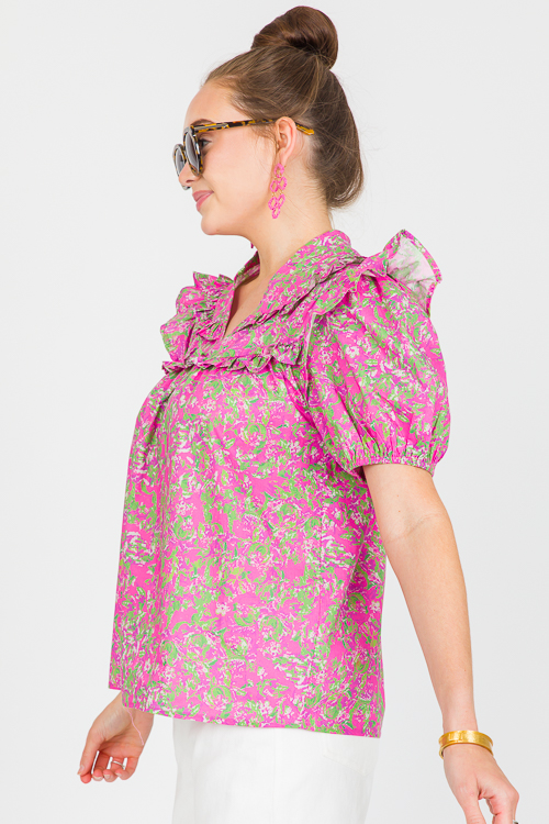 Notch Neck Ruffle Top, Hot Pink