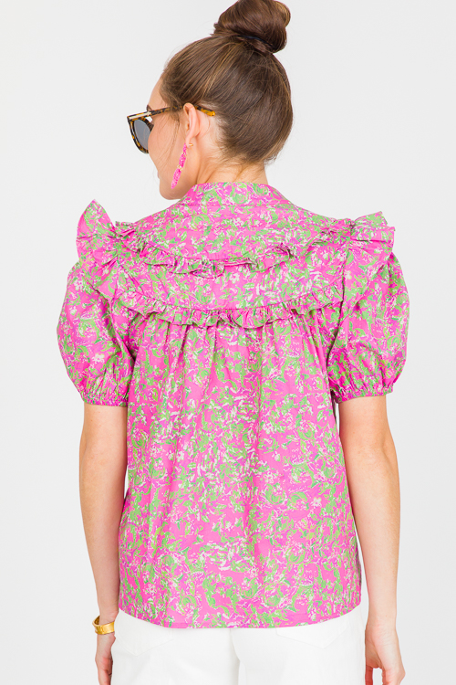 Notch Neck Ruffle Top, Hot Pink