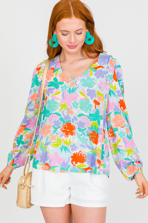 Ruffle Shoulder Floral Top, Multi