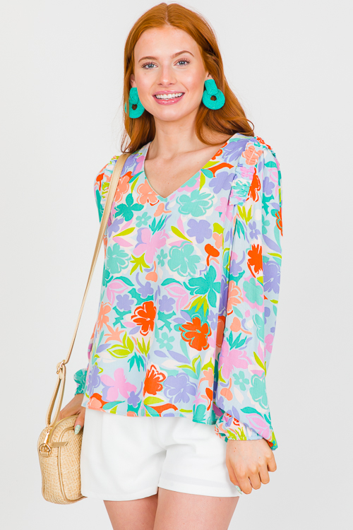 Ruffle Shoulder Floral Top, Multi