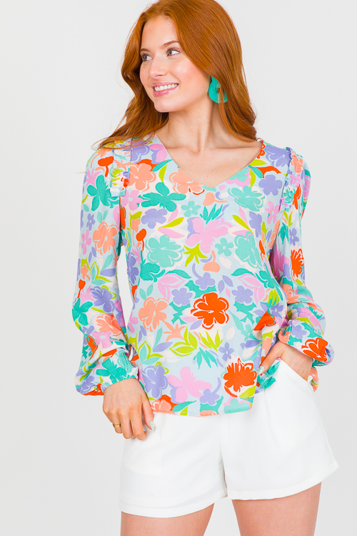 Ruffle Shoulder Floral Top, Multi